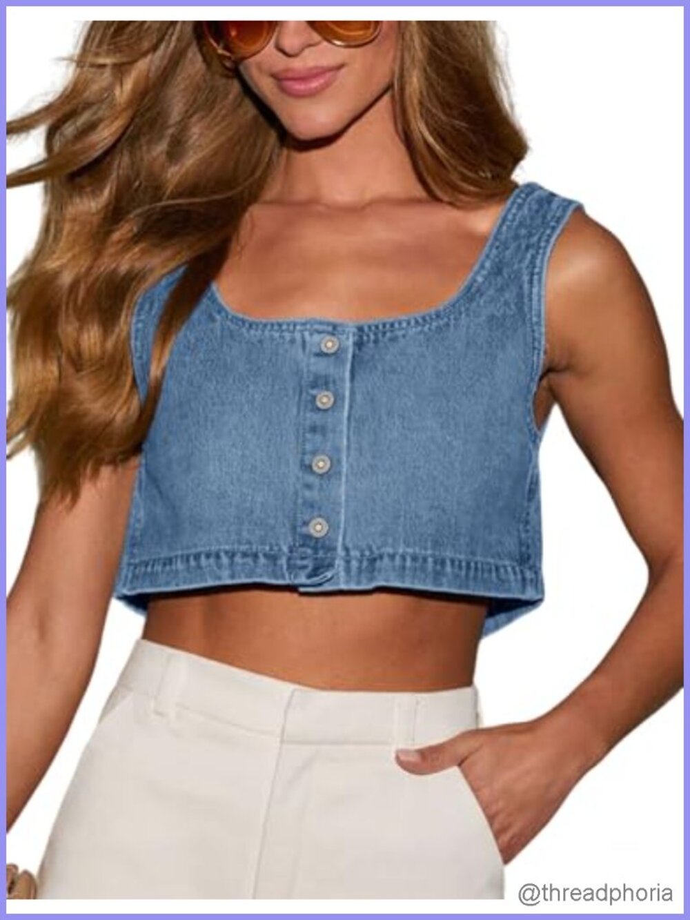 Reversible Denim Tank Top Crop Sleeveless Button Front